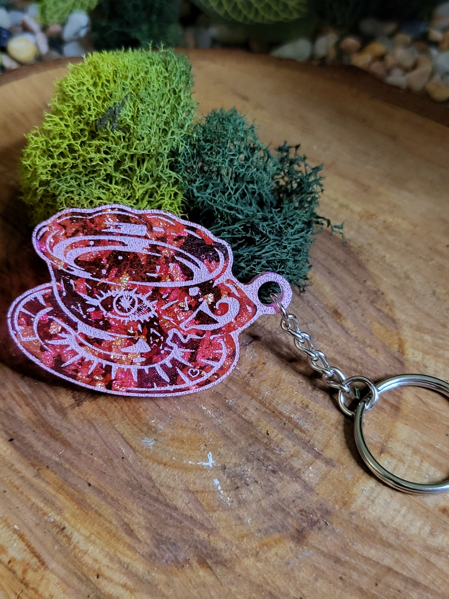 Pink and Faux Gold Flake Teacup Keychain