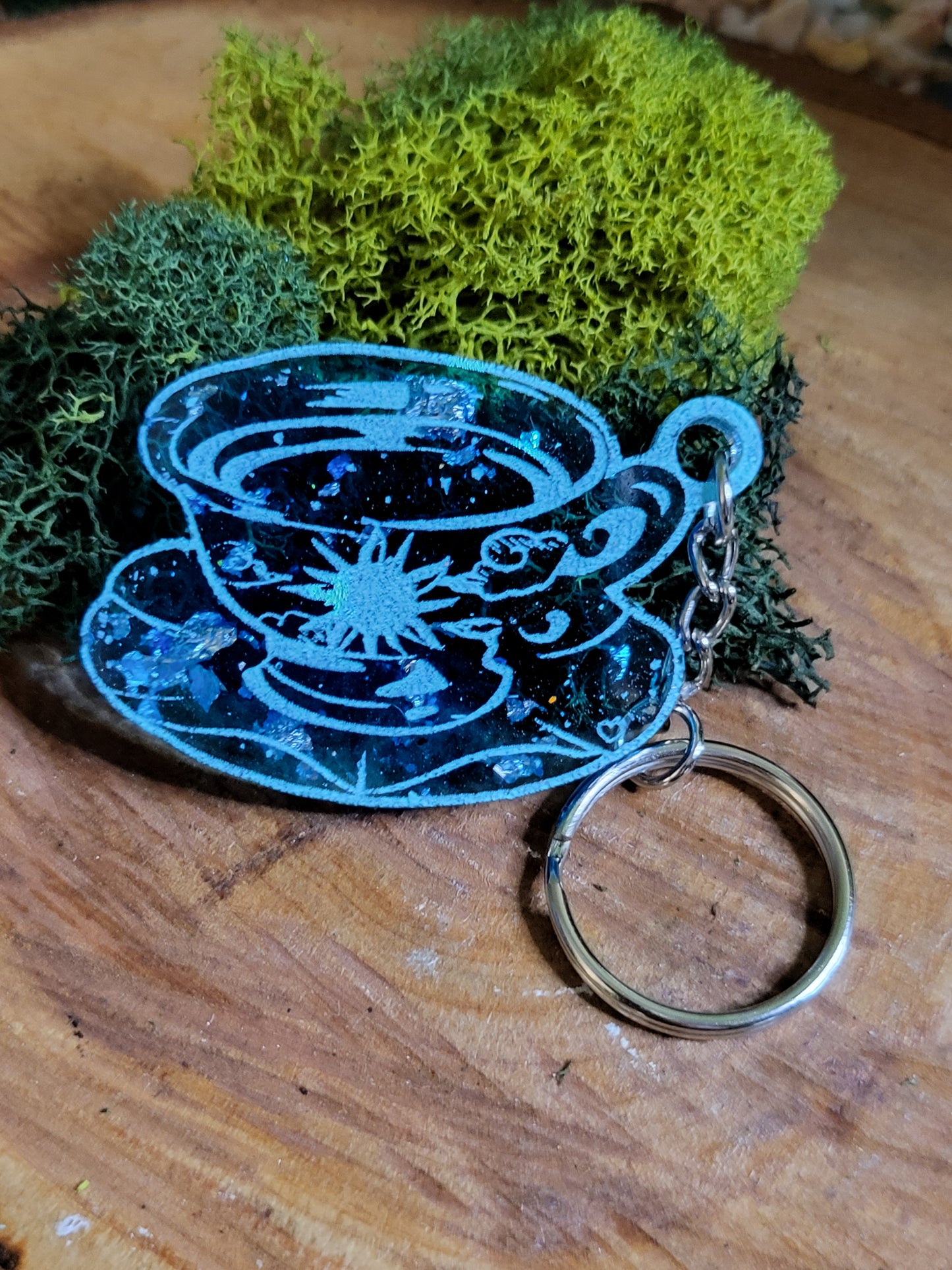 Blue and Faux Silver Flake Teacup Keychain
