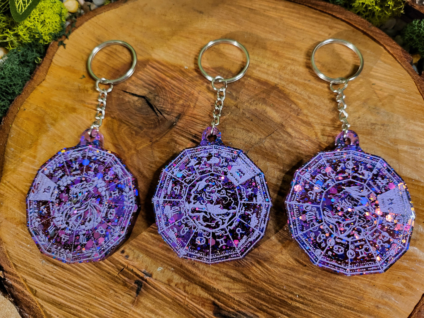 Purple and Red Astrological Wheel Keychains