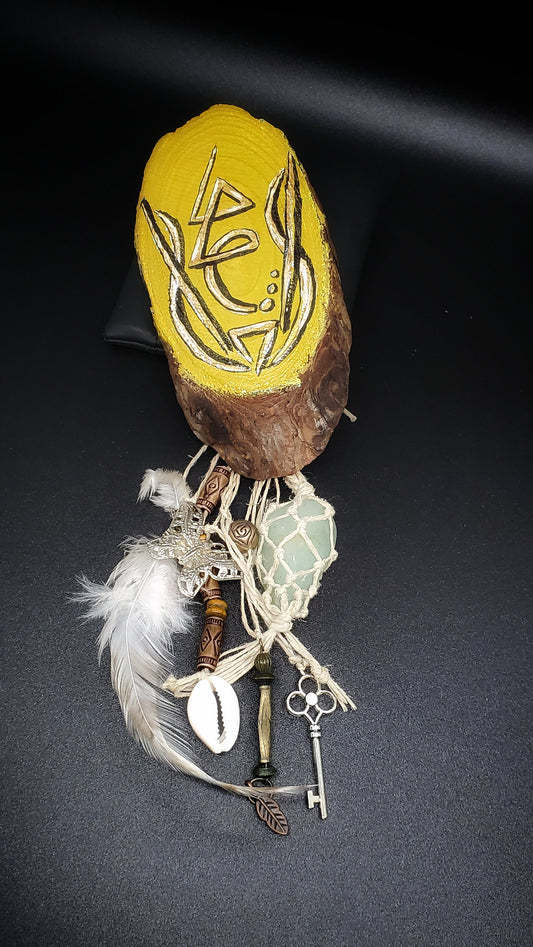 Aventurine Talisman Wall Art, Watercolor and Ink, Aventurine and Hemp Charms