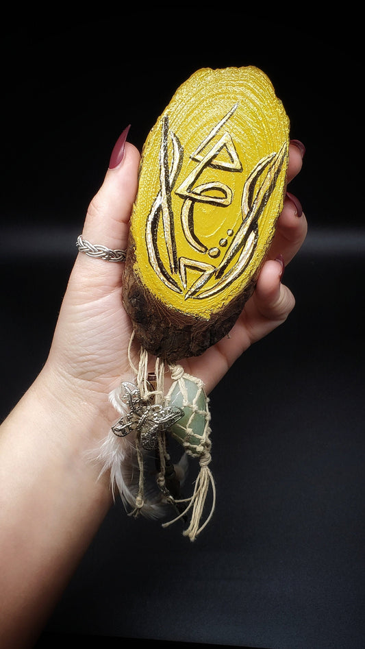 Aventurine Talisman Wall Art, Watercolor and Ink, Aventurine and Hemp Charms