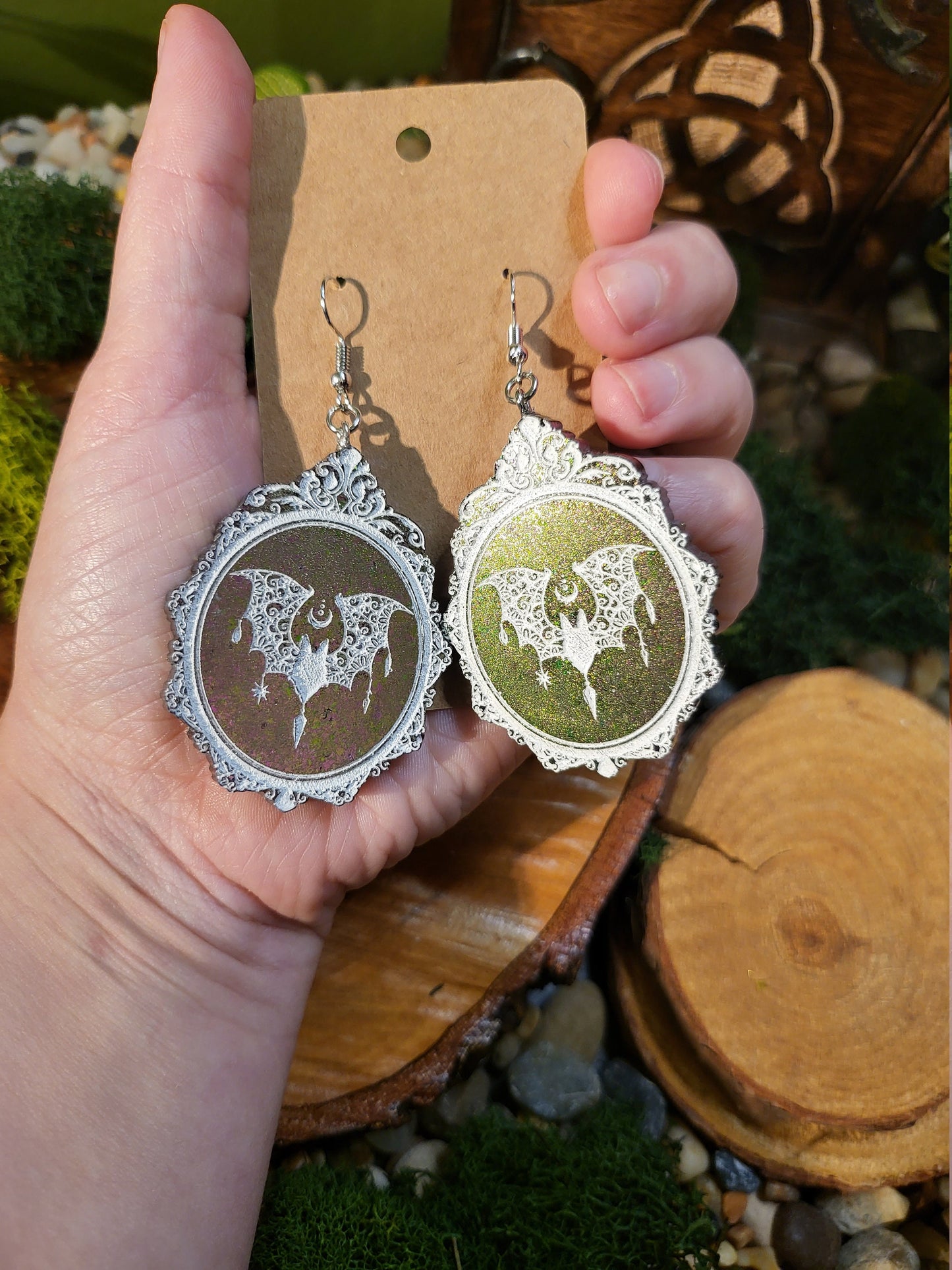 Bat Lace Victorian Cameo Dangle Earrings