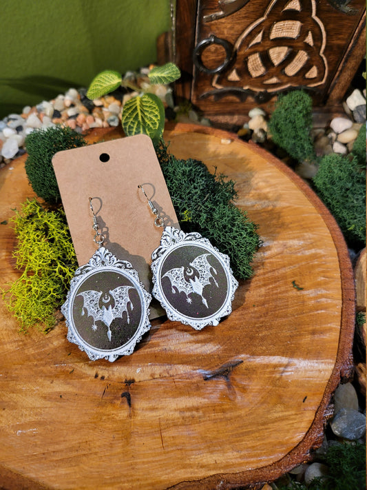 Bat Lace Victorian Cameo Dangle Earrings