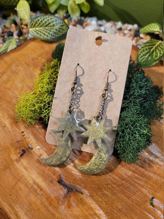 Gold Moon and Star Dangle Earrings