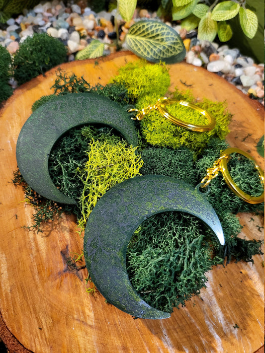 Green and Black Floral Pattern Crescent Moon Keychain