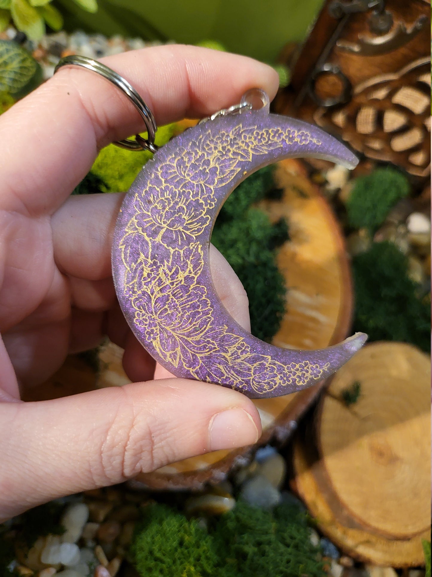 Purple and Gold Floral Crescent Moon Keychain