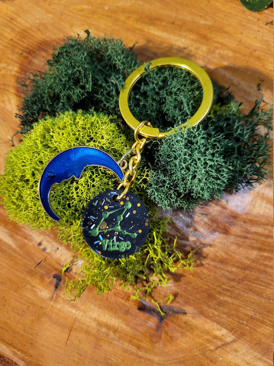 Black Glitter Filled with Green Design Astrological Keychains with Charms