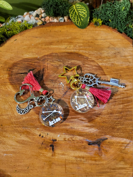 Botanical and Glitter Astrological Keychains with Charms