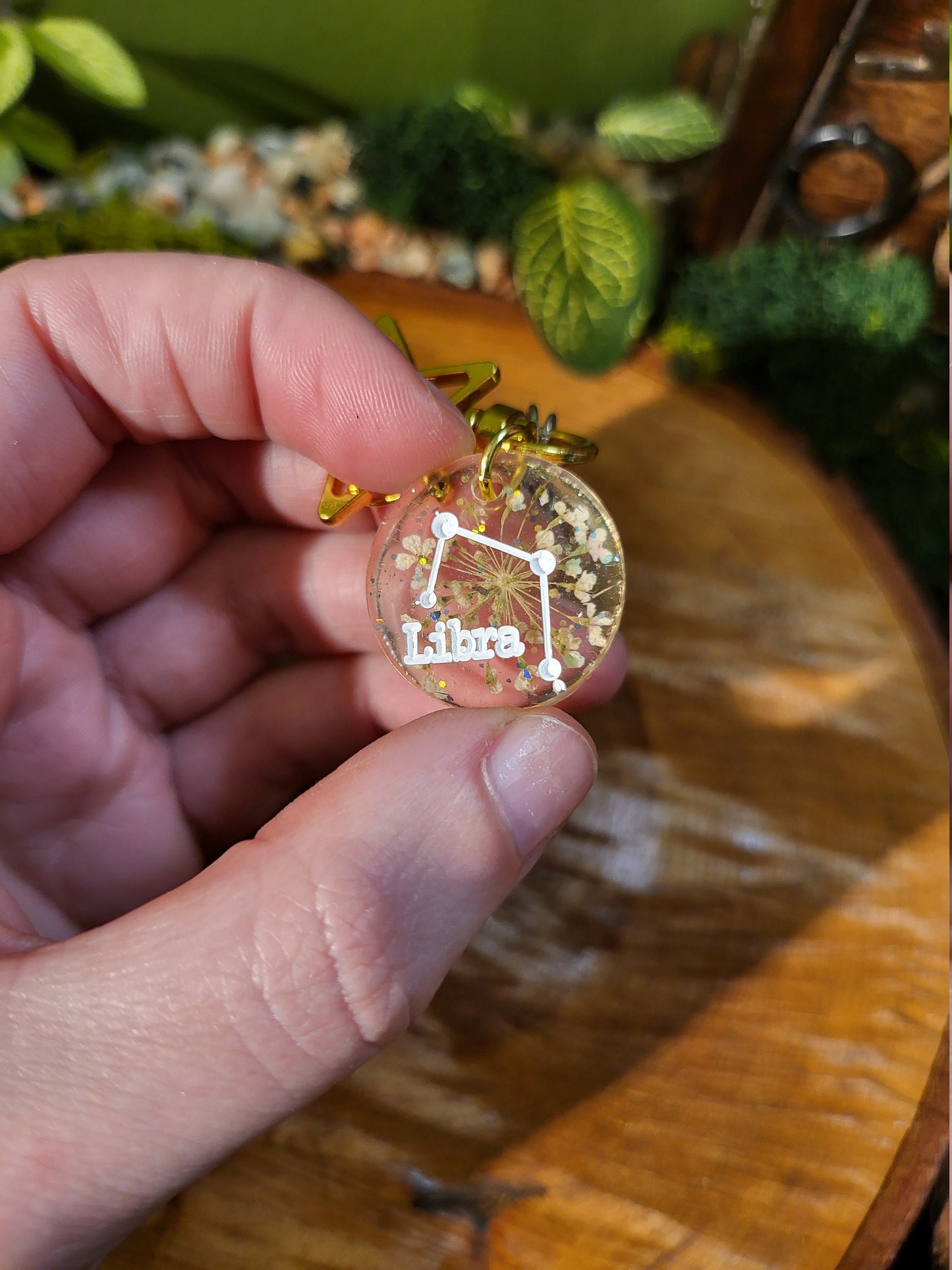 Botanical and Glitter Astrological Keychains with Charms