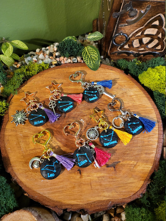 Graphite Gray and Teal Astrological Keychains with Charms