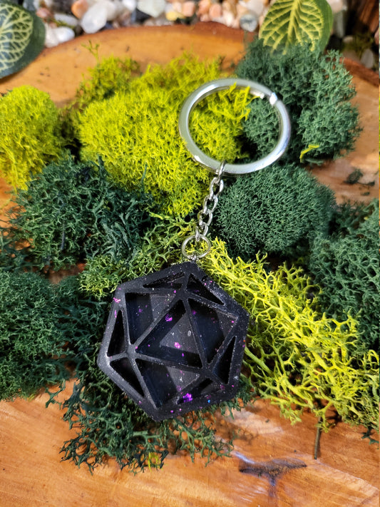 Black with Pink Glitter D20 Keychain