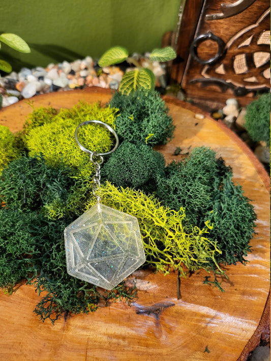 Clear Glitter D20 Keychain