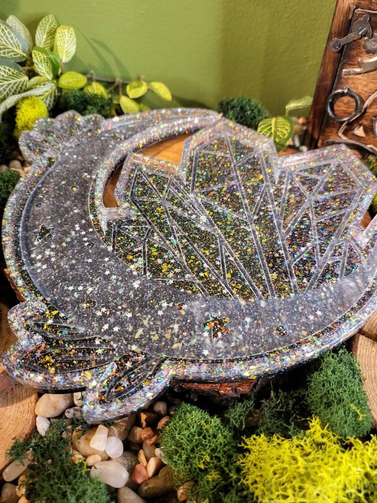 Black and Glitter Bomb Crescent Moon Tray, 10in Tray