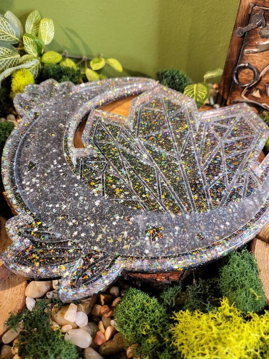 Black and Glitter Bomb Crescent Moon Tray, 10in Tray