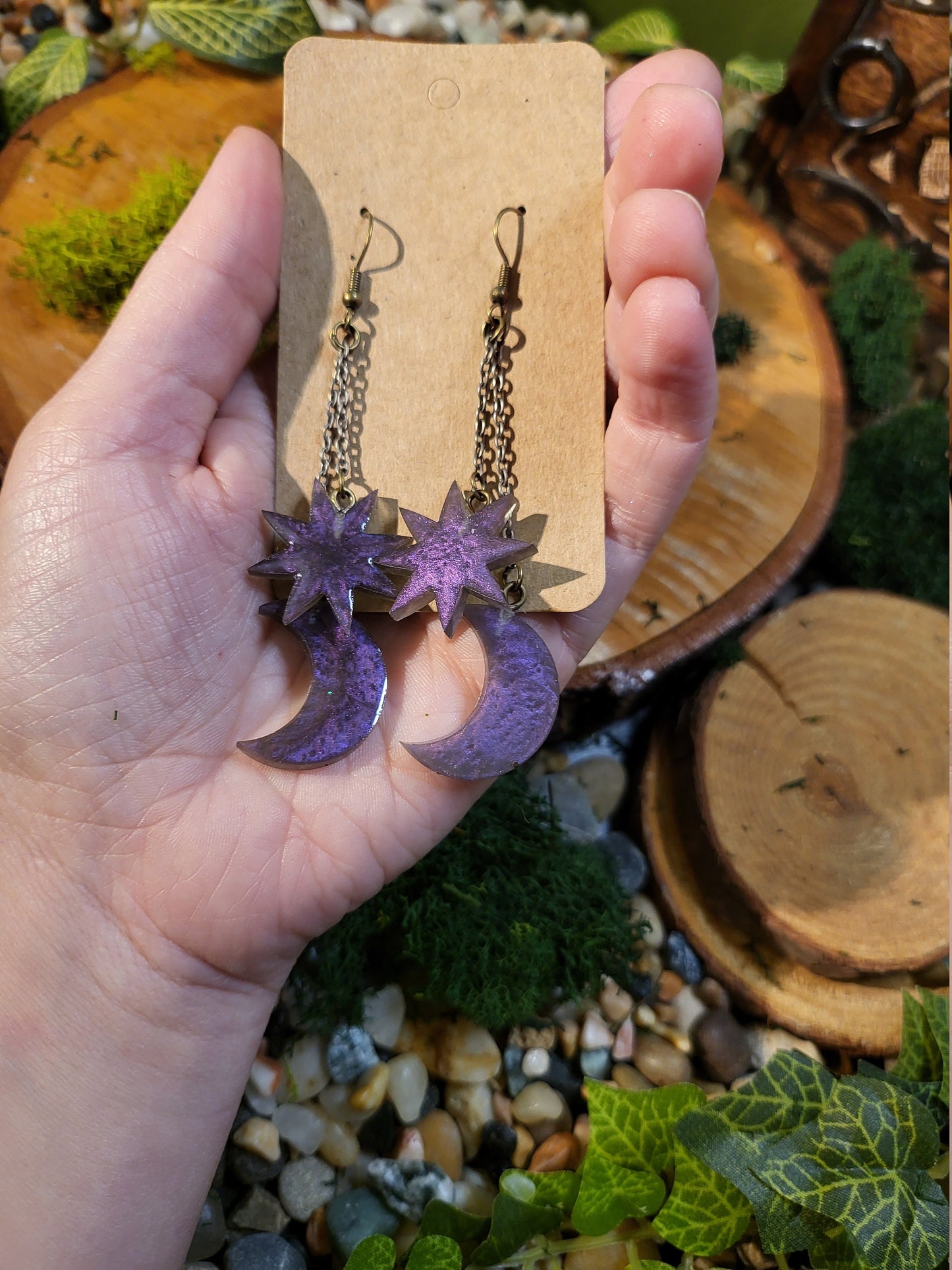 Purple Moon and Star Dangle Earrings