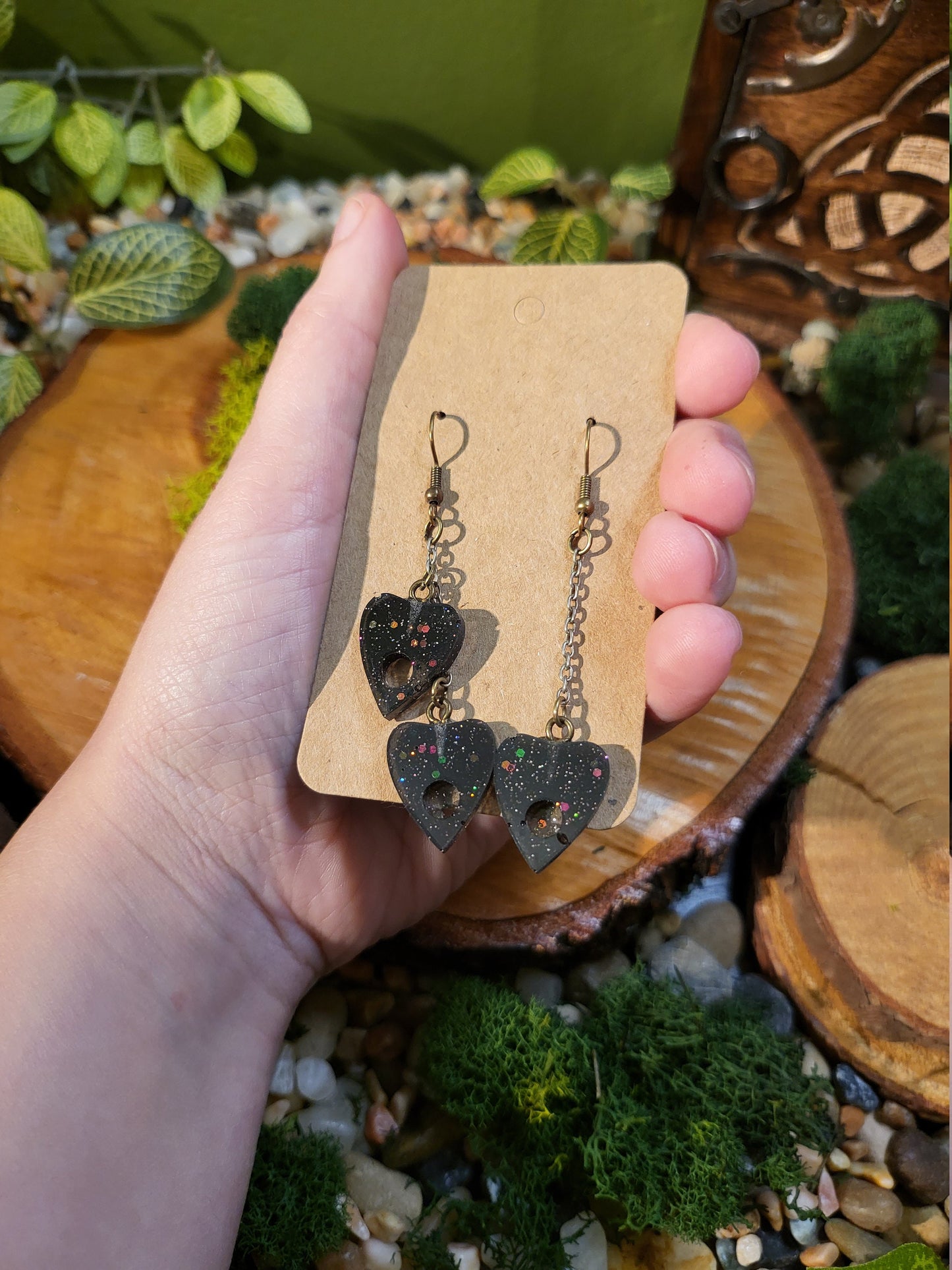 Black Glitter Dangle Planchette Earrings
