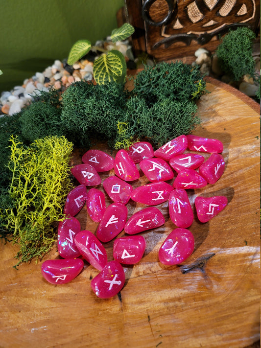 Hot Pink Holographic Flakes Norse / Elder Futhark Runes, Set of 24