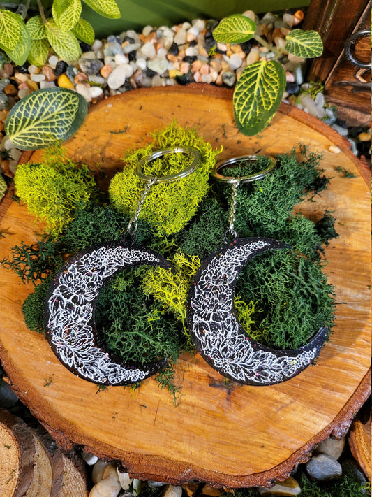 Black Glitter Bomb Floral Pattern Crescent Moon Keychain