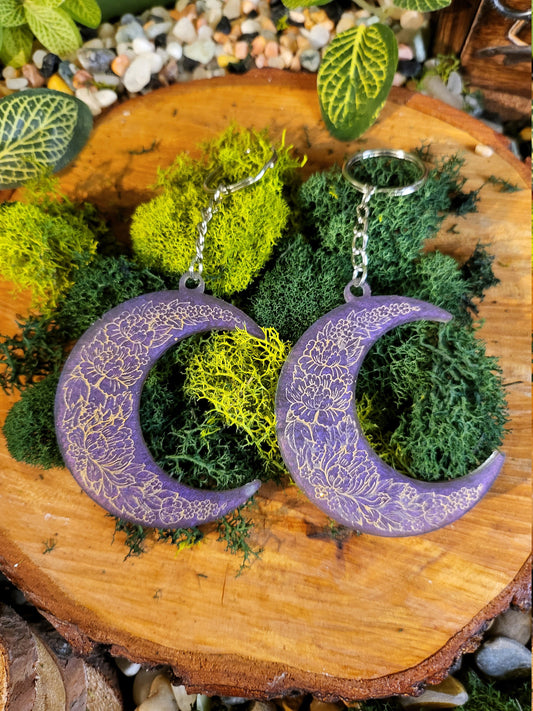 Purple and Gold Floral Crescent Moon Keychain