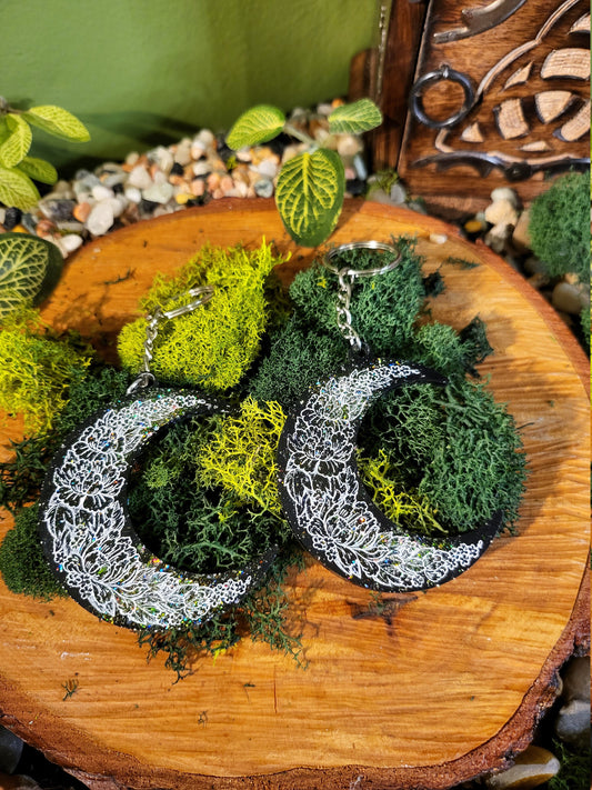 Galaxy Black Floral Crescent Moon Keychain