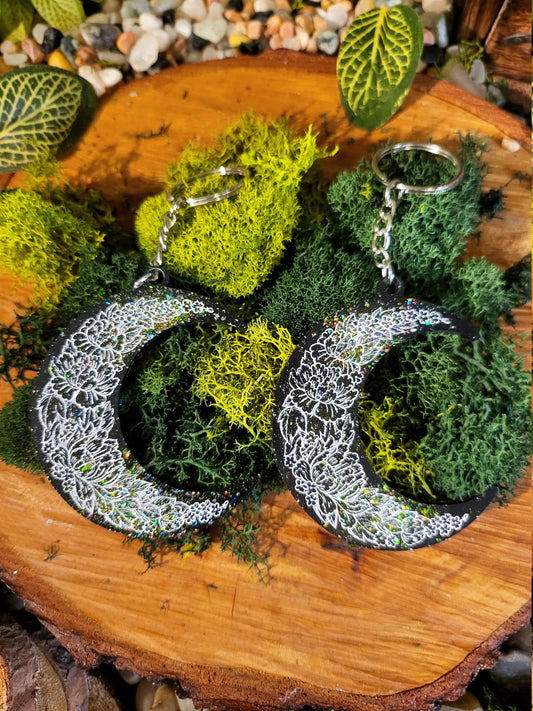 Galaxy Black Floral Crescent Moon Keychain