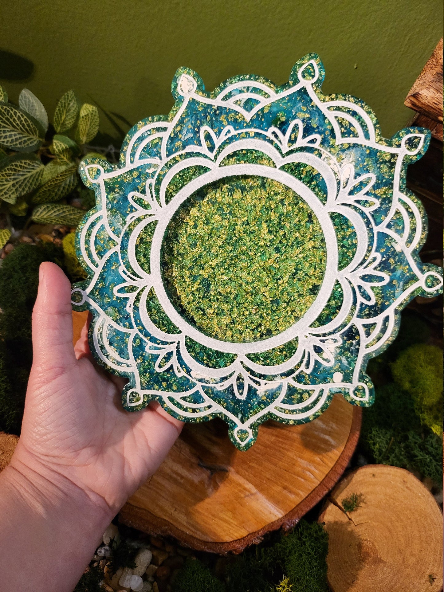 Ocean Tides Mandala Tray, Faux Gold Flakes, Transparent Blue and White Acrylic Paint Outline