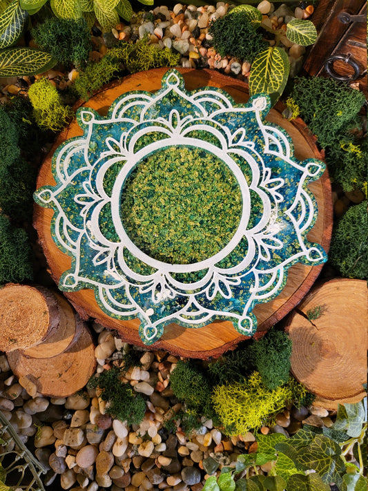 Ocean Tides Mandala Tray, Faux Gold Flakes, Transparent Blue and White Acrylic Paint Outline