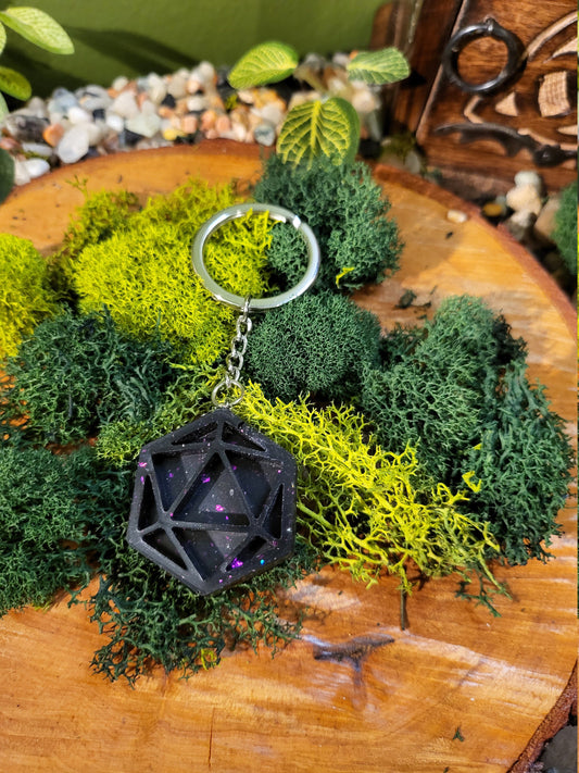 Black with Pink Glitter D20 Keychain