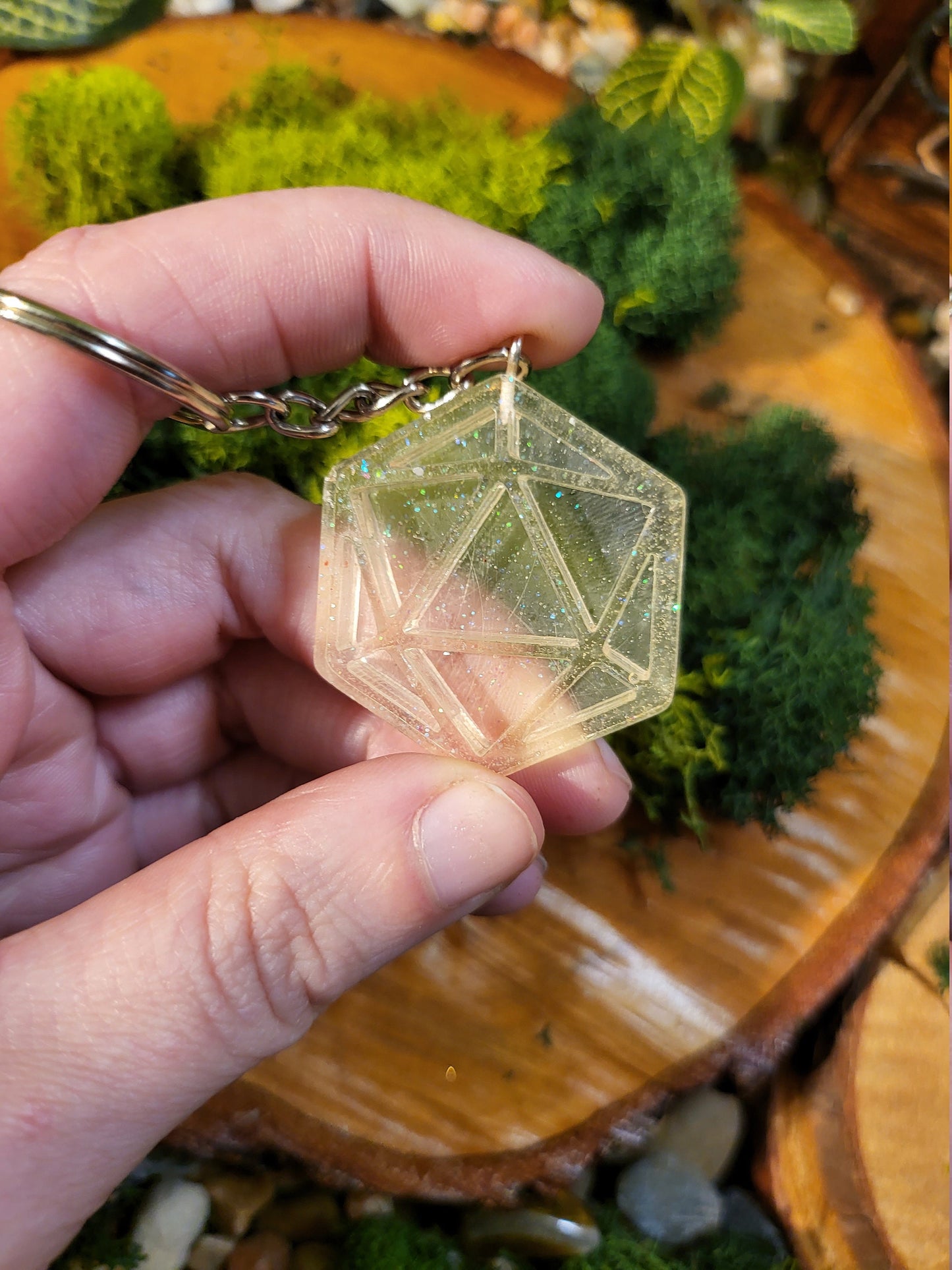Clear Glitter D20 Keychain