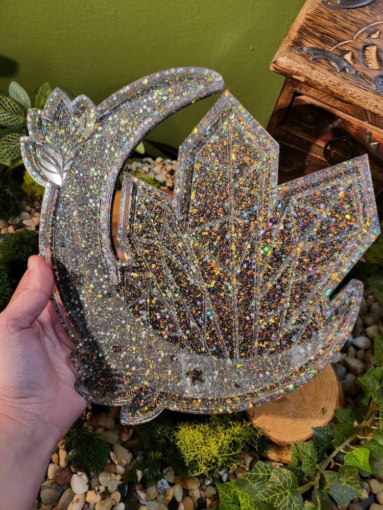 Black and Glitter Bomb Crescent Moon Tray, 10in Tray