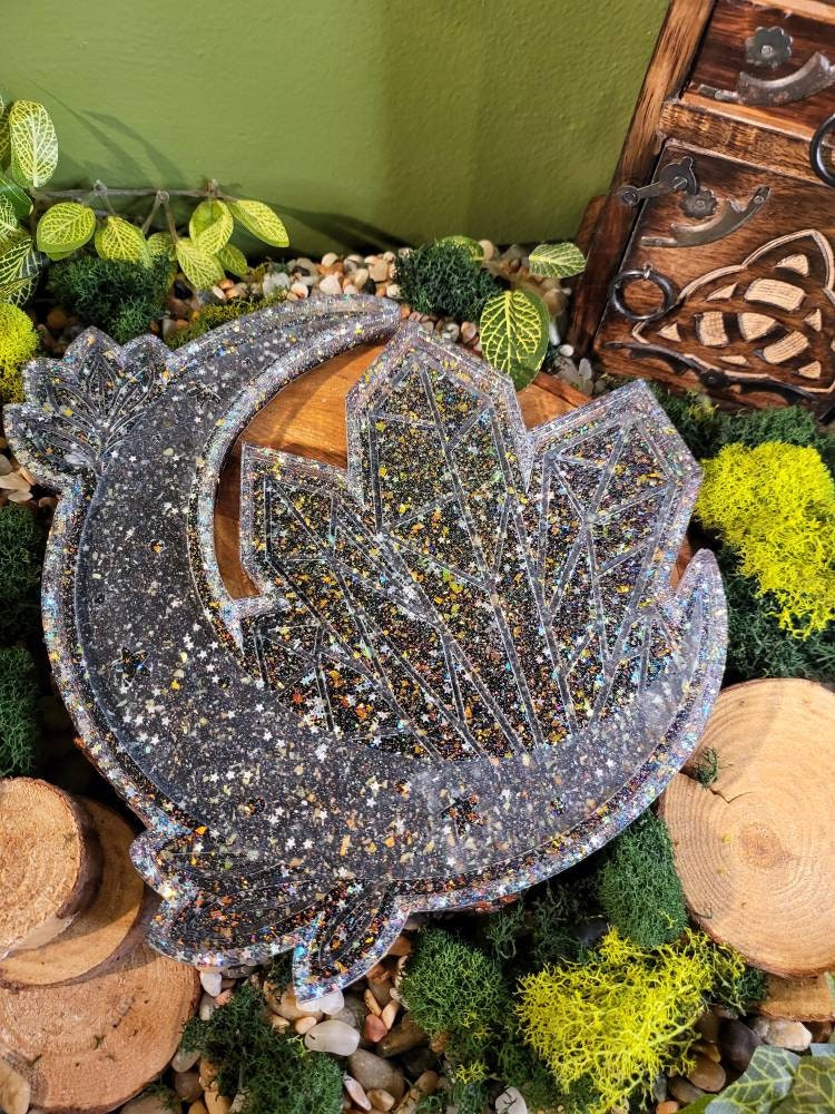 Black and Glitter Bomb Crescent Moon Tray, 10in Tray