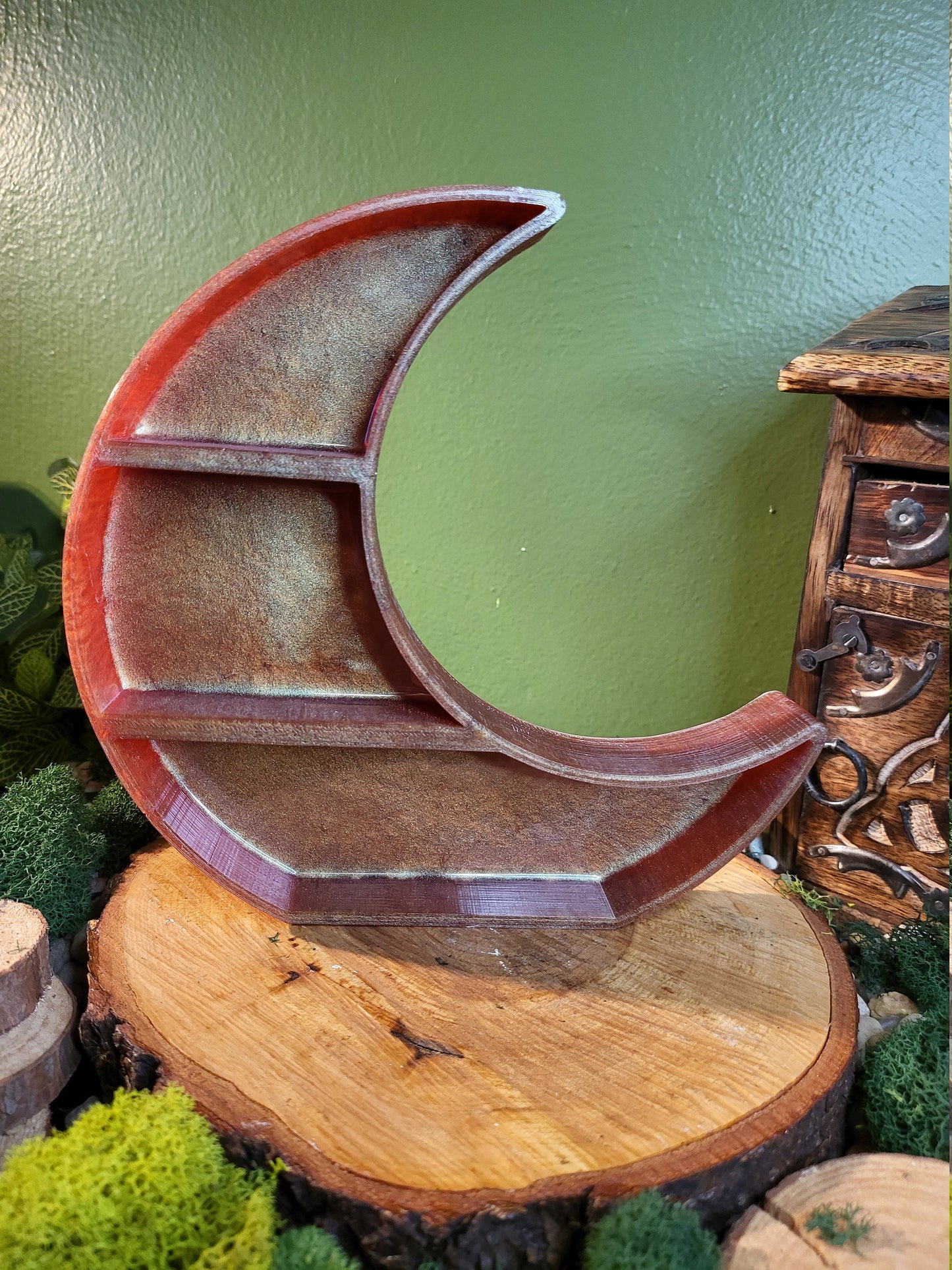 Brown Green Crescent Moon Shelf, Crystal Display Shelf, Small Desk Shelf