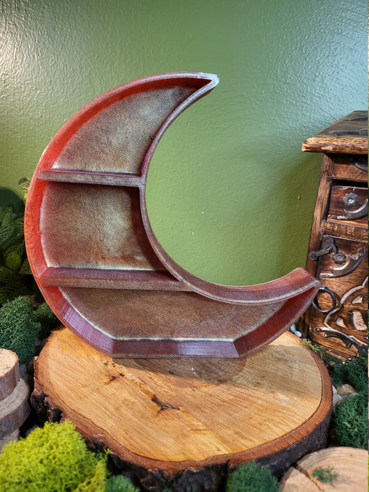 Brown Green Crescent Moon Shelf, Crystal Display Shelf, Small Desk Shelf