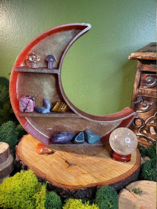 Brown Green Crescent Moon Shelf, Crystal Display Shelf, Small Desk Shelf