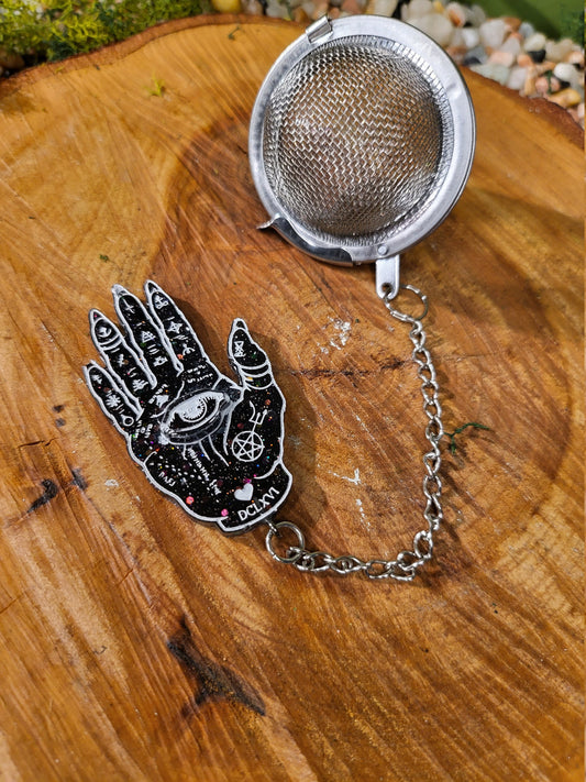 Black Glitter Filled Palmistry Hand Loose Leaf Tea Ball, Tea Infuser