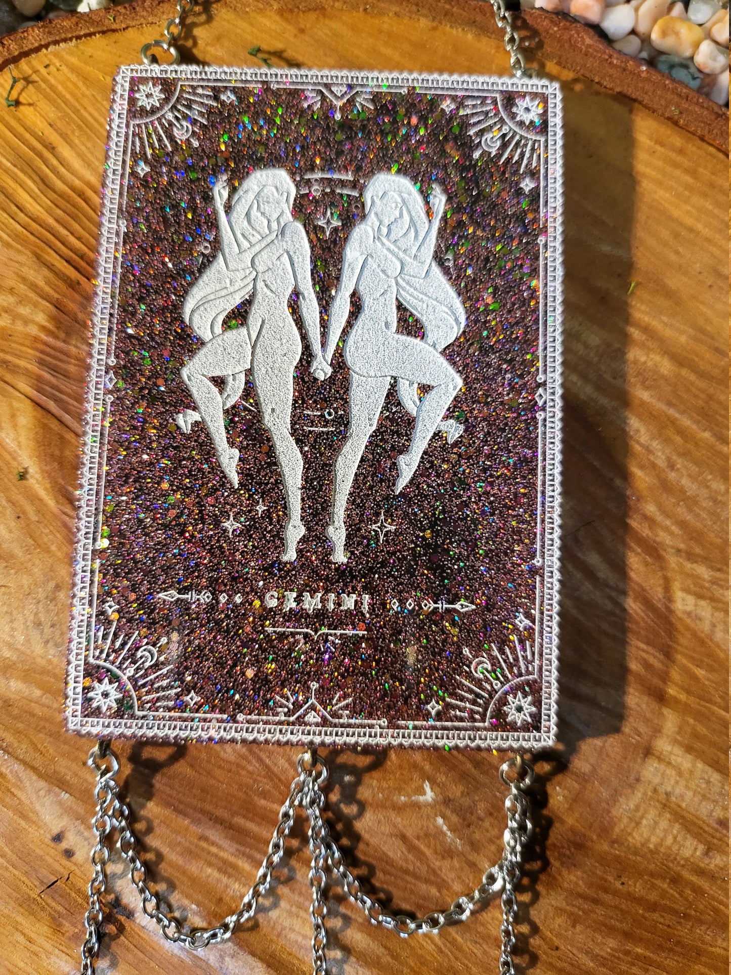 Gemini Pink Glitter and Black Wall Hanging with Moon and Stars Charms