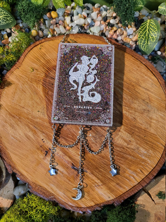 Aquarius Pink Glitter and Black Wall Hanging with Moon and Stars Charms