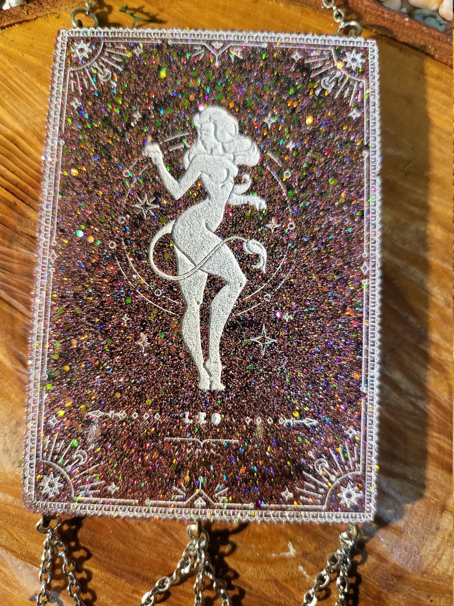 Leo Pink Glitter and Black Wall Hanging with Moon and Stars Charms