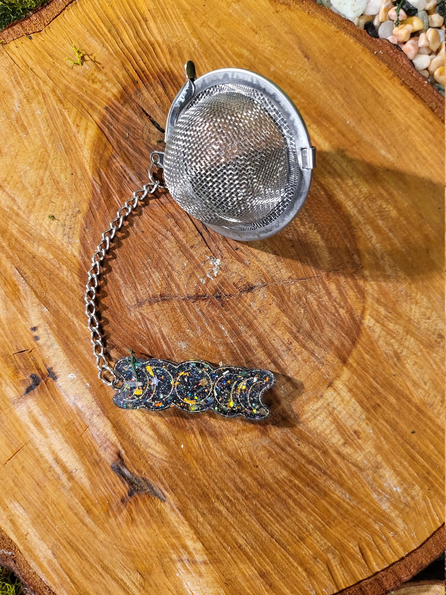Black And Clear Glitter Filled Moon Phase Loose Leaf Tea Ball, Tea Infuser