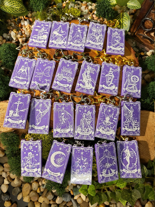 Purple and White Mini Tarot Card Keychains
