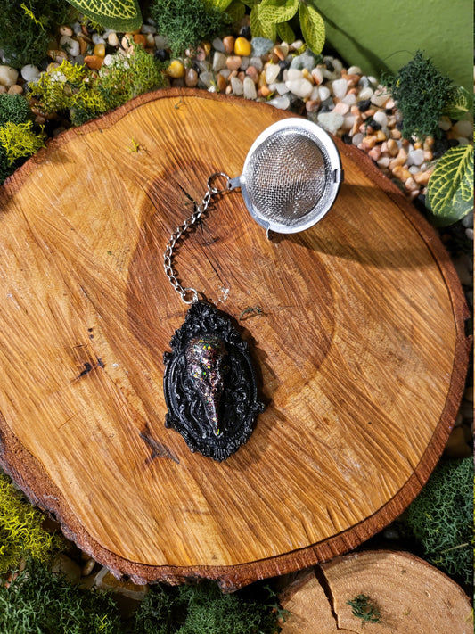 Black and Clear Glitter Filled Raven Skull Silhouette Loose Leaf Tea Ball, Tea Infuser