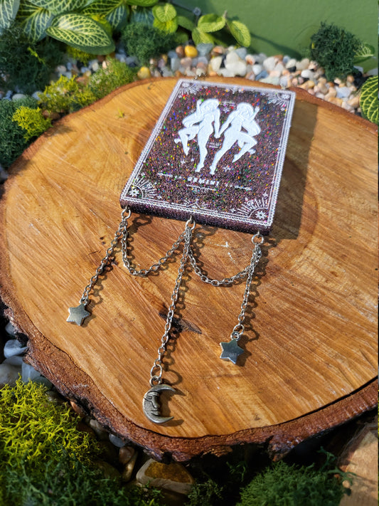 Gemini Pink Glitter and Black Wall Hanging with Moon and Stars Charms