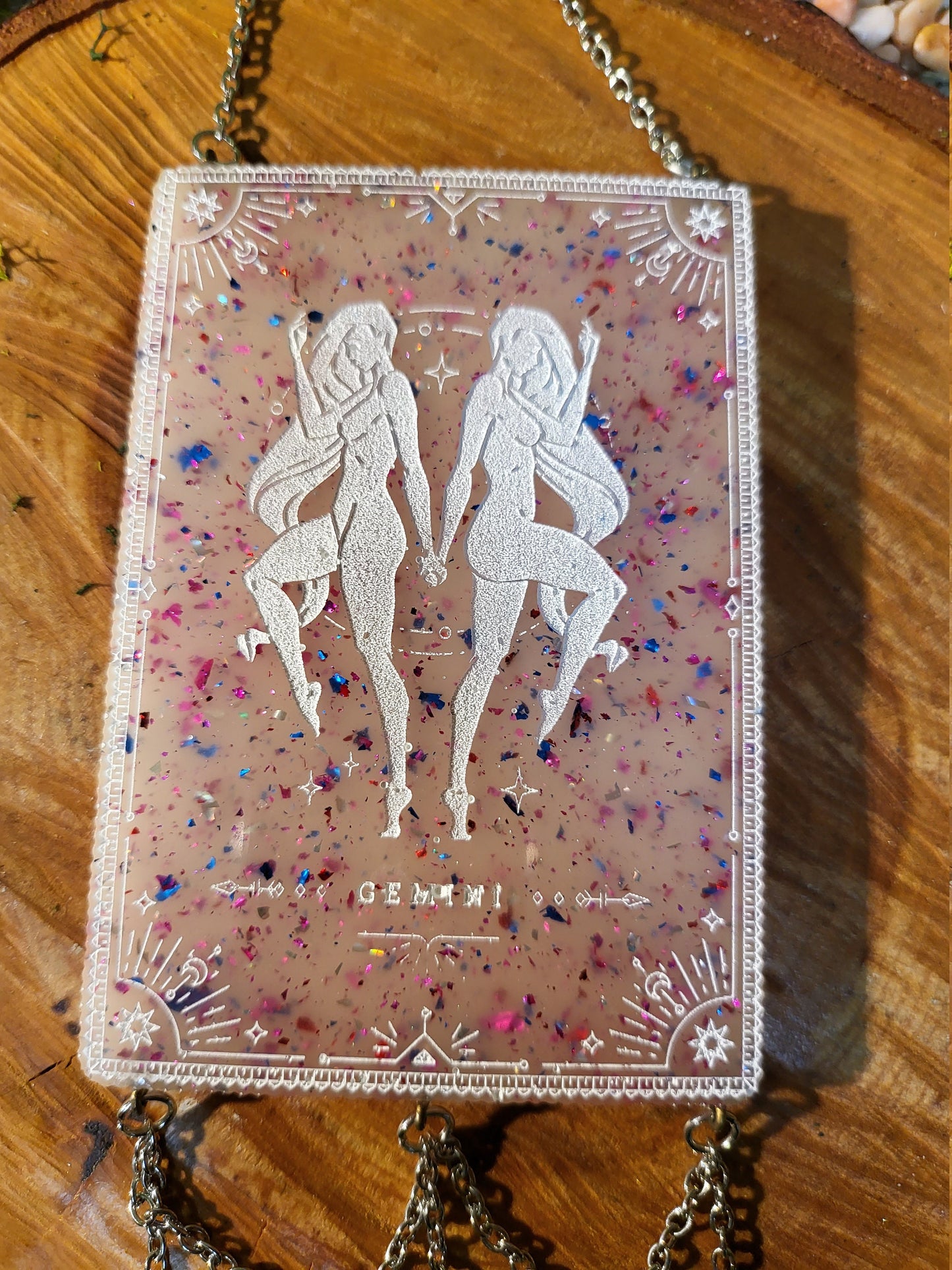 Gemini White Glitter to Magenta Solar Changing Wall Hanging with Moon and Stars Charms