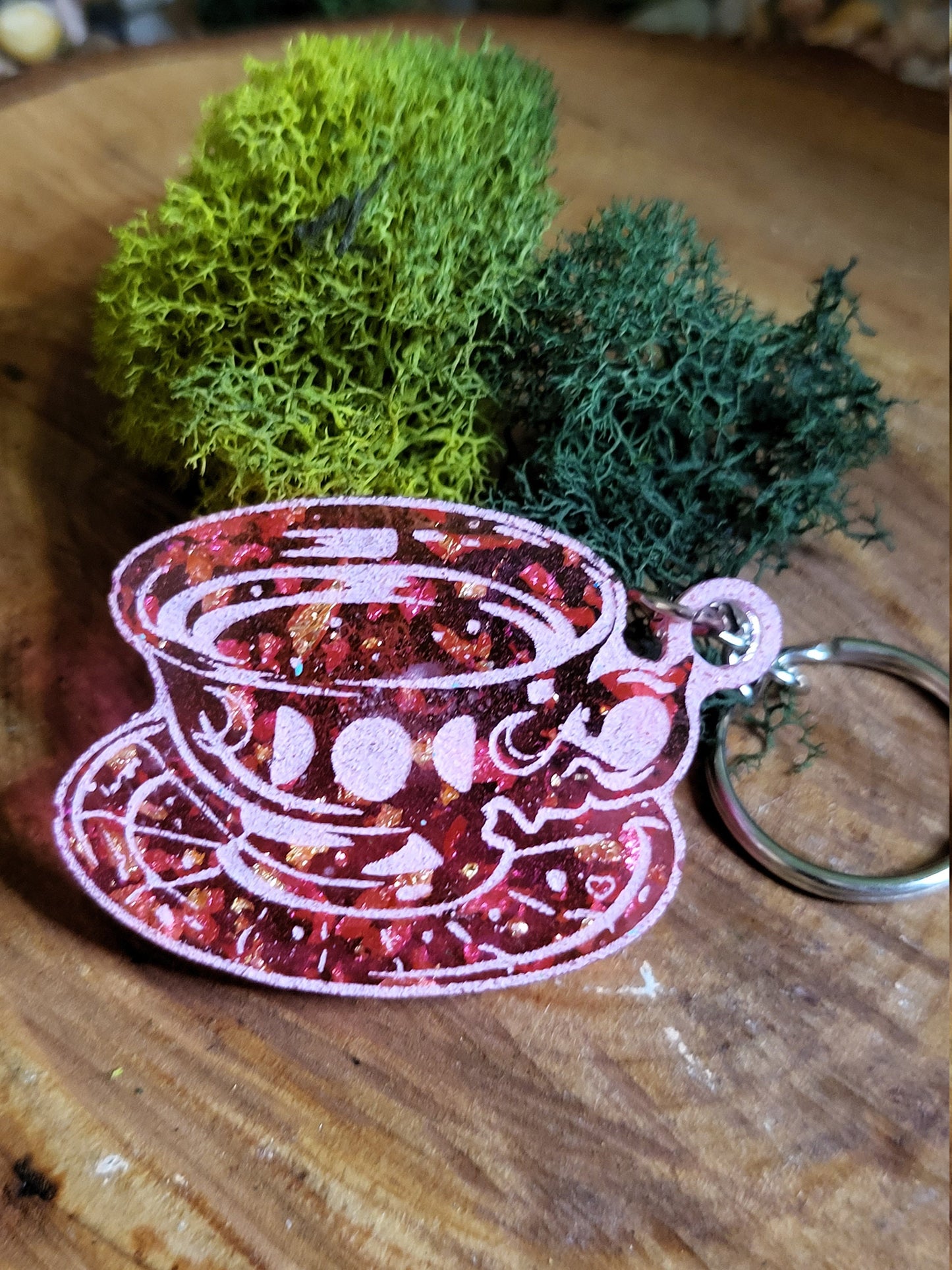 Pink and Faux Gold Flake Teacup Keychain