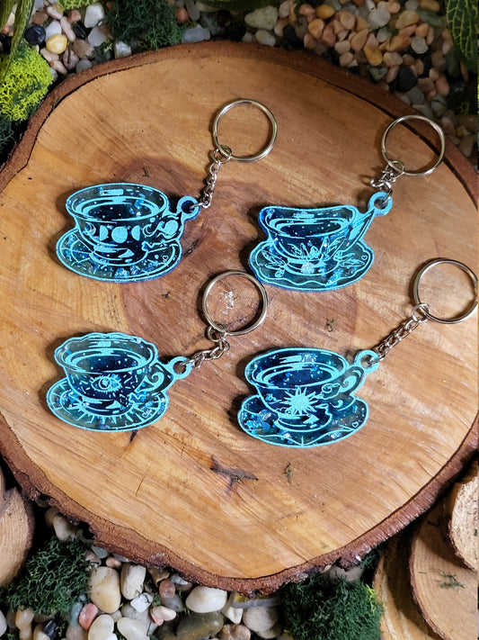 Blue and Faux Silver Flake Teacup Keychain
