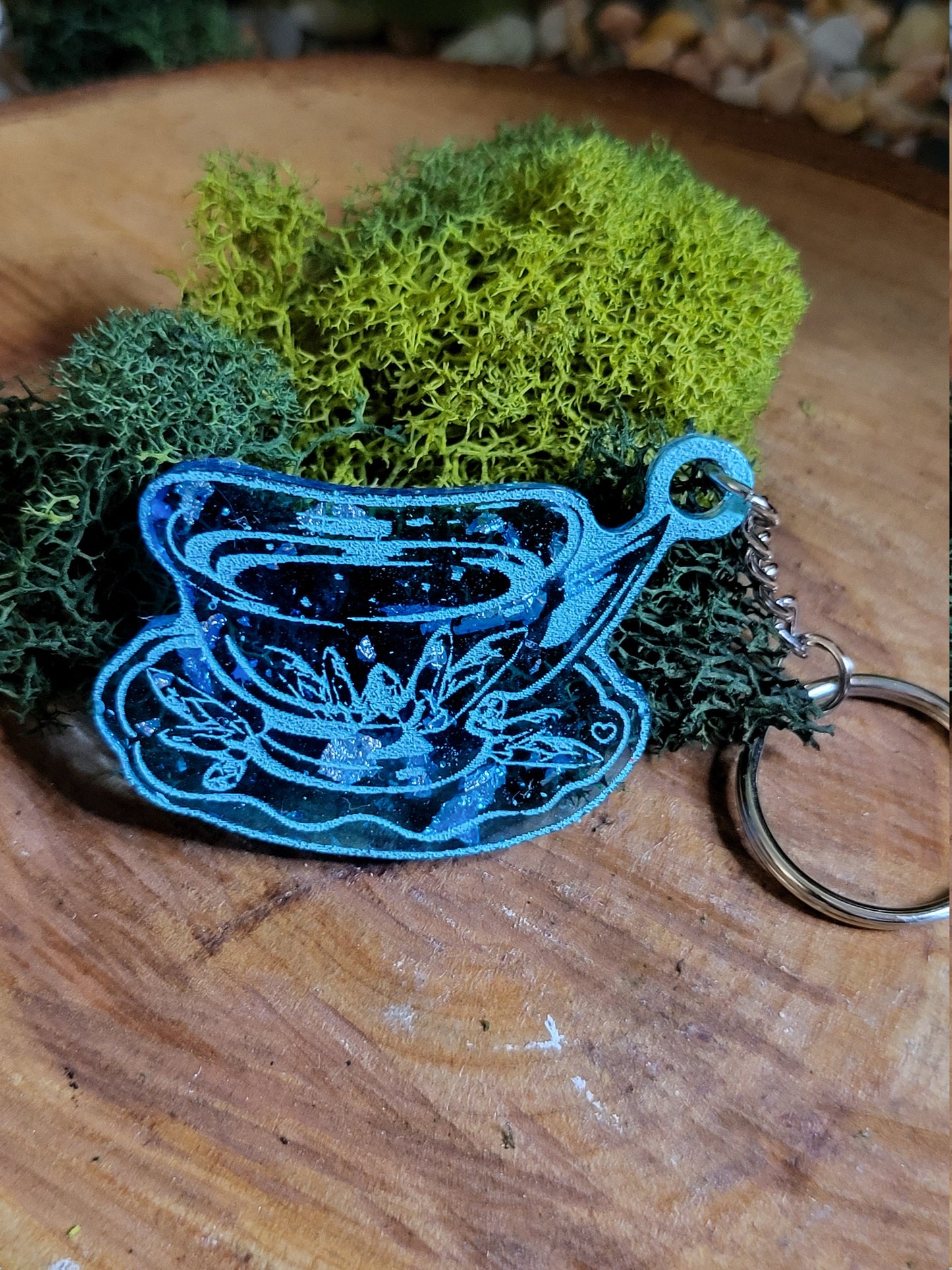 Blue and Faux Silver Flake Teacup Keychain