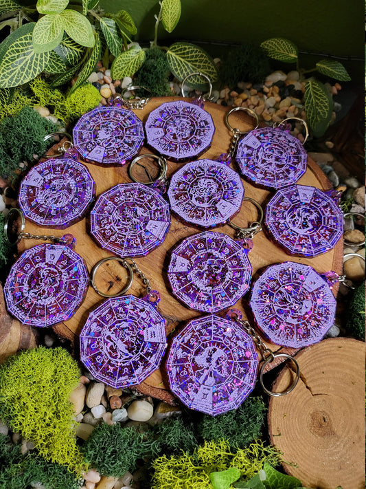 Purple and Red Astrological Wheel Keychains