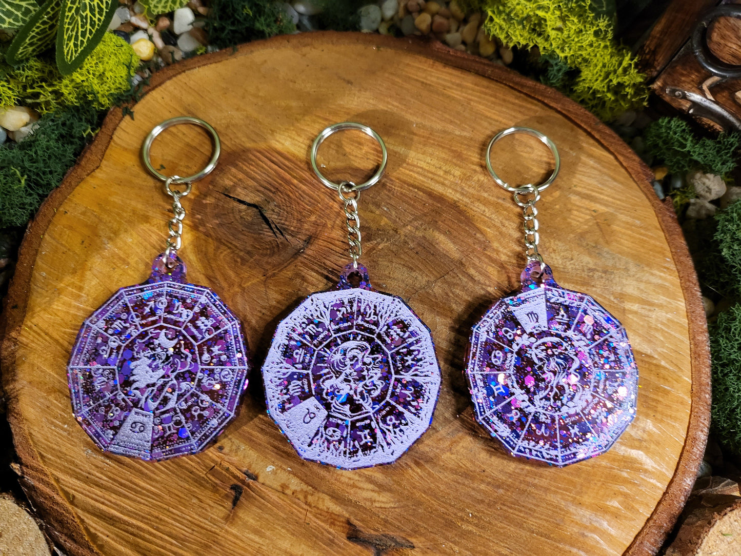 Purple and Red Astrological Wheel Keychains