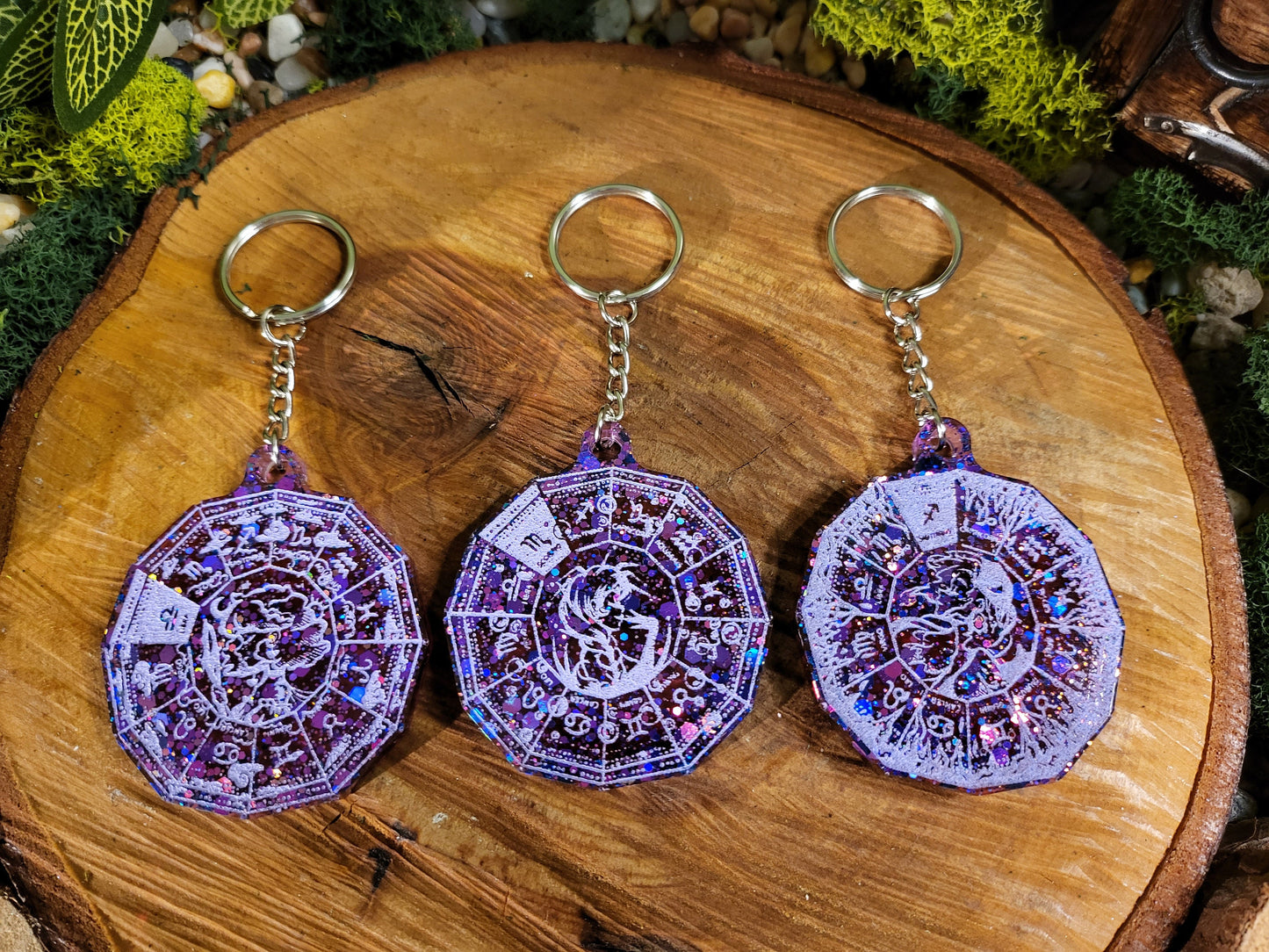 Purple and Red Astrological Wheel Keychains