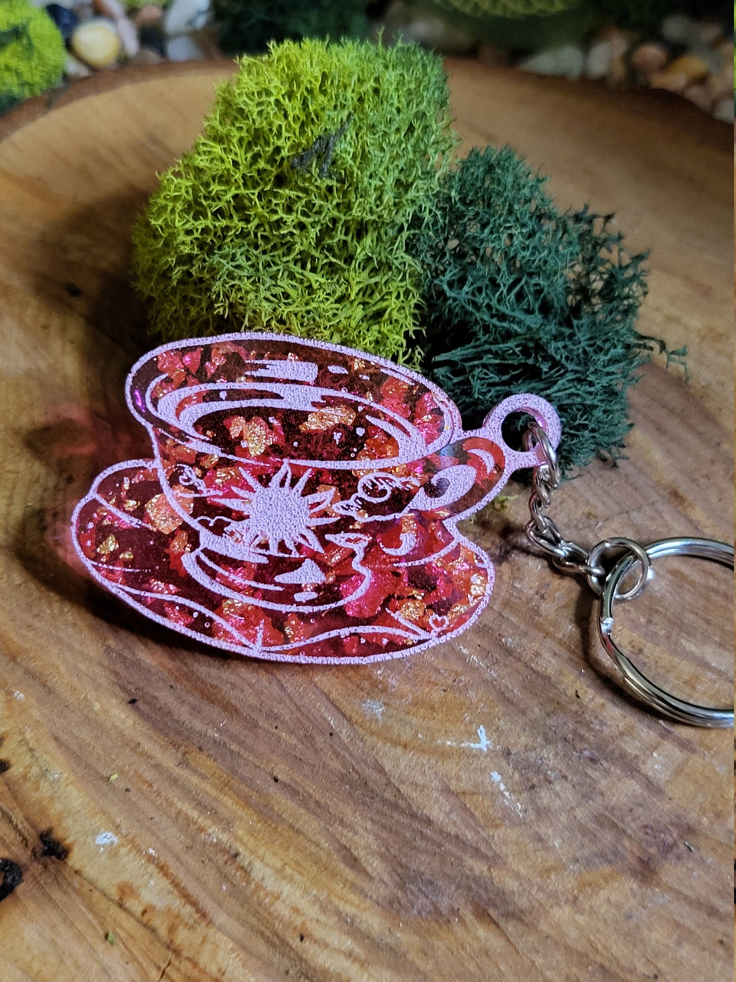 Pink and Faux Gold Flake Teacup Keychain
